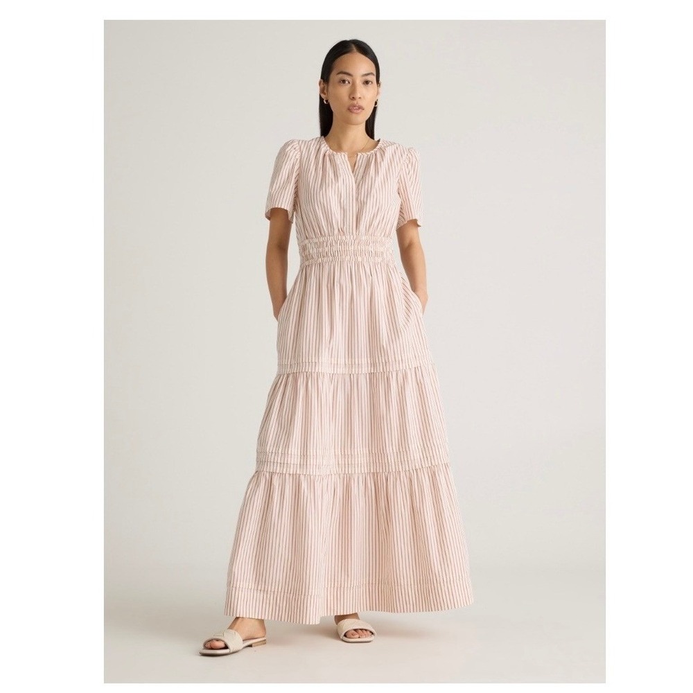 Quince 100% Organic Cotton Poplin Tiered Maxi Dress Terracotta Stripe Small